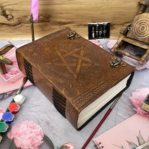 Large Pentagram Leather Journal | Embossed With 600 White Blank Papers Spell Book of shadows | grimoire journal Notebook For Gift 10x7 Inch