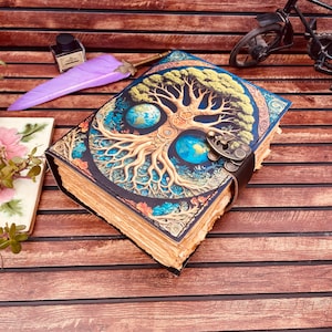 400 Page Large Grimoire leather journal, Blank spell book book of shadows Print Tree of Life Journal, Celestial Gifts For Artist Him & Her