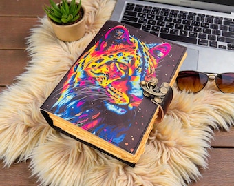 Leopard Leather Journal – 400 Pages Large Rustic Vintage Grimoire, Deckle Edge Paper book of shadows - Gothic Notebook gifts for friends