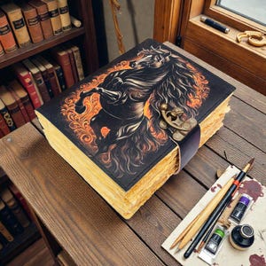 May include: A thick, rectangular journal with a black cover featuring a rearing horse illustration surrounded by orange and yellow flame-like patterns. The book has a brass-colored metal latch closure and thick, cream-colored deckled-edge paper pages.