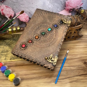 Seven Chakra Medieval Stone Embossed Journal Handmade Book Of Shadows Notebook Office Charcoal Diary Sketch Book Deckle Paper 10x7 Inch