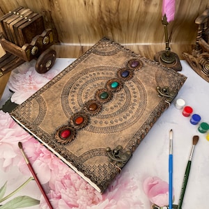 Large Seven Stone Journal, Handmade Leather Journal, Leather Notebook, Seven Chakra Book, Large Sketchbook, Healing Stone Journal 13x10 Inch