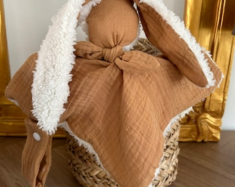 "Firmin" newborn comforter: a rabbit comforter in cotton gauze, Liberty print, sheep, fleece, and minky fabric, with a pacifier clip to accompany baby