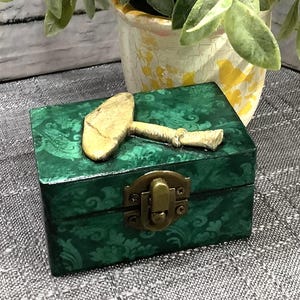 Peut inclure: Petite boîte rectangulaire en bois vert avec un motif floral décoratif et un fermoir doré. Un objet en forme de marteau de couleur claire repose dessus. Une plante en pot avec des feuilles vertes est en arrière-plan.