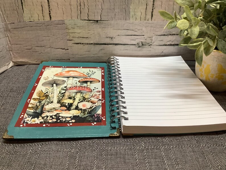 Puede incluir: Un cuaderno abierto con espiral con p&aacute;ginas rayadas junto a una revista turquesa con una ilustraci&oacute;n de hongos. La revista tiene un borde rojo y protectores de esquina dorados. Una peque&ntilde;a planta en maceta est&aacute; en el fondo.