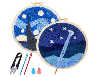 2x punch needle Kit van gogh, starry night embroidery, sky, beginner embroidey kit, embroidery kit, cute embroidery kit,