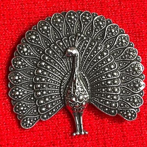 Vintage W Germany Signed Silver Tone Ornate Peacock Faux Marcasite Brooch