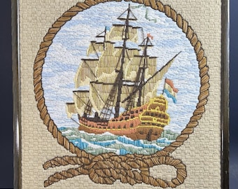 Bordado vintage Bernat Frigate Crewel de 1982, QuickStitch, enmarcado, 45,7 x 40,6 cm.