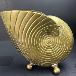 May include: A brass nautilus shell-shaped bowl with a spiral design. The bowl rests on three small, round feet. The exterior has a textured, ridged pattern, and the overall color is a warm, antique gold.