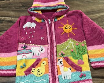 Hand-embroidered Peruvian children's hooded sweater cardigan Size 4 New