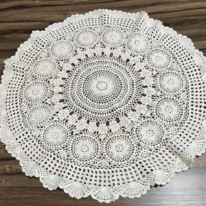 Vintage 23” Hand Crocheted * Ivory Doily Table Cover Topper Tablecloth