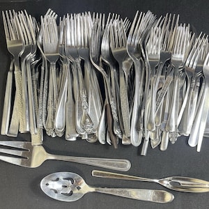 100 Edelstahlgabeln, verschiedene Größen und Muster, Vintage-Silberbesteck, Nachschub, 3 Servierbesteckteile als Bonus