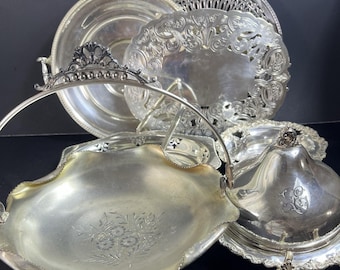 Lote de 7 piezas de vajilla de plata variada, estilo vintage.