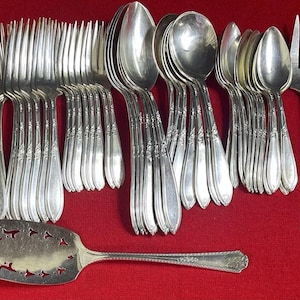 May include: A large collection of silver-toned metal flatware including dinner knives, forks, and spoons with ornate decorative handles. A single cake server with a perforated, patterned blade is positioned horizontally in front of the utensils.