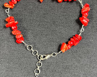 天然赤珊瑚アンクレット ハンドメイド ボヘミアン ビーズ 原石チップ サマービーチ