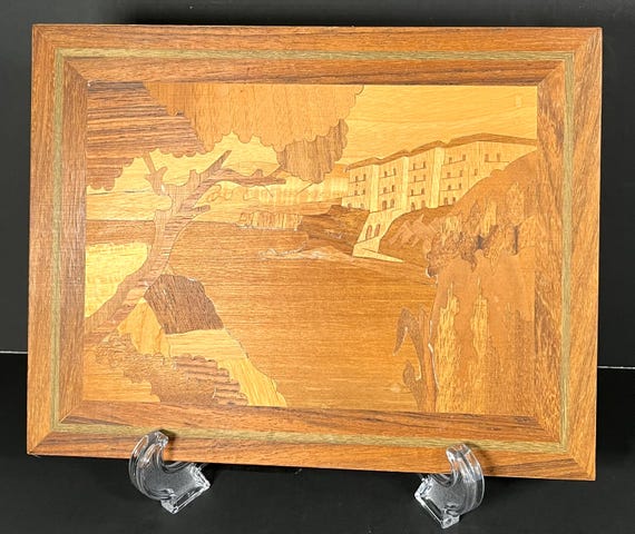 Vintage Marquetry Inlaid Wood Picture Sorrento Italy Coastal Scene