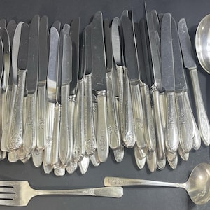 May include: A large collection of silver-toned metal flatware including numerous dinner knives with varied handle patterns, a single large serving spoon, a four-tined dinner fork, and a small ladle, all arranged in a dense, overlapping cluster.