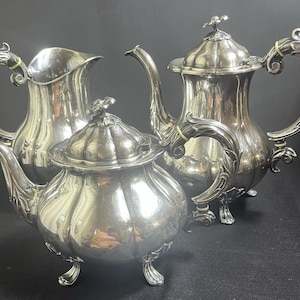 Juego de té Cohr Denmark plateado EPNS de 3 piezas: tetera, cafetera y lechera. Estilo vintage.
