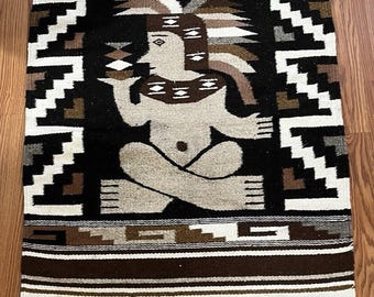 Vintage Mexican Wool Rug Wall Hanging, Handwoven Geometric Textile, Southwestern Boho Decor, Rustic Tribal Area Rug 57x26 Inches