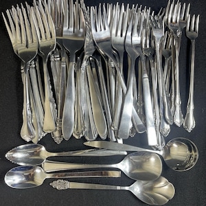 50 Vintage Stainless Steel Salad & Olive Forks, Mixed Pattern Flatware Lot, Silverware Replacement Utensils, 5 Bonus Sugar Spoons