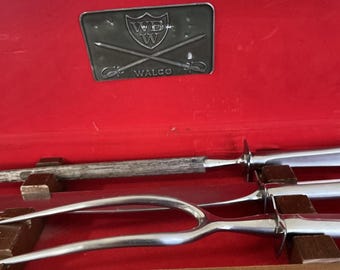 Set da intaglio vintage Walco in acciaio inox firmato da 3 pezzi: coltello, forchetta, temperamatite