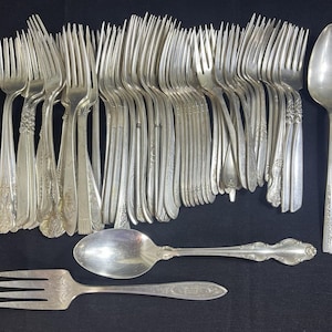 50 Vintage Silverplate Dinner & Salad Forks, Fancy Patterns, Mixed Brands, Antique Flatware Lot, Replacement Silverware Set + Bonus Forks