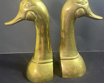 Vintage Tall Solid Brass Mid Century Modern Bookends Duck Head Sculptures 8.5 Inch Heavy Antique Brass Decorative Home Decor Set