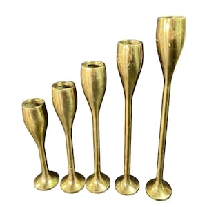 Vintage Set Of 5 Mid Century Brass Rare Graduated Tapered Candlesticks Tulip MCM