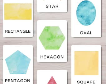 16 Watercolor Shapes / Flashcards / Preschool Materials / Homeschool Printable /Montessori Materials / Geometric Flashcards / Digital Print