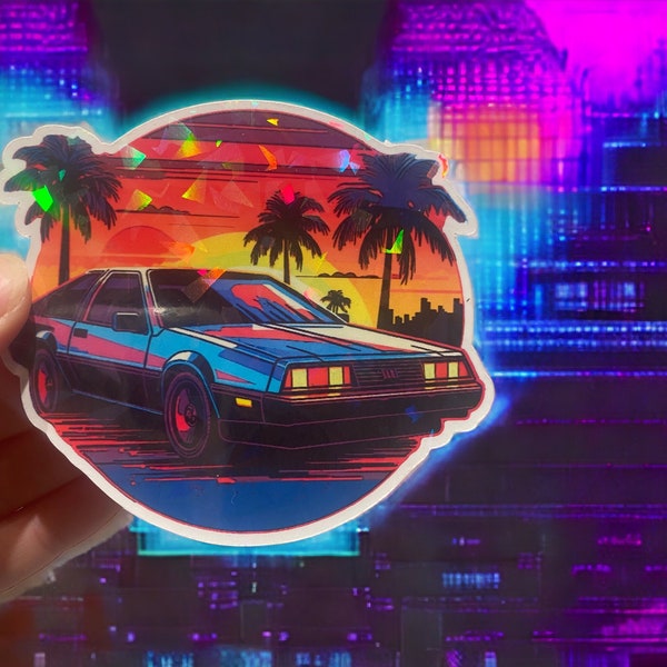 Neon Synthwave Car Sticker - Retro '80s Vehicle Decal, Sunset & Palm Trees, Broken Glass Holographic Effect, Vaporwave Aesthetic