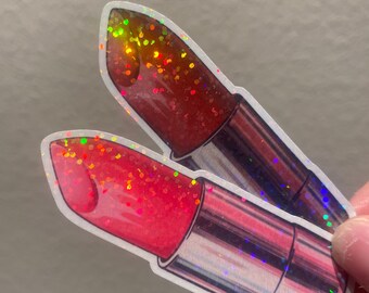 Holographic Lipstick Vinyl Sticker - Hot Pink & Dark Maroon Sparkly Decals for Beauty Enthusiasts and Makeup Artists - Makeup Lover Gifts