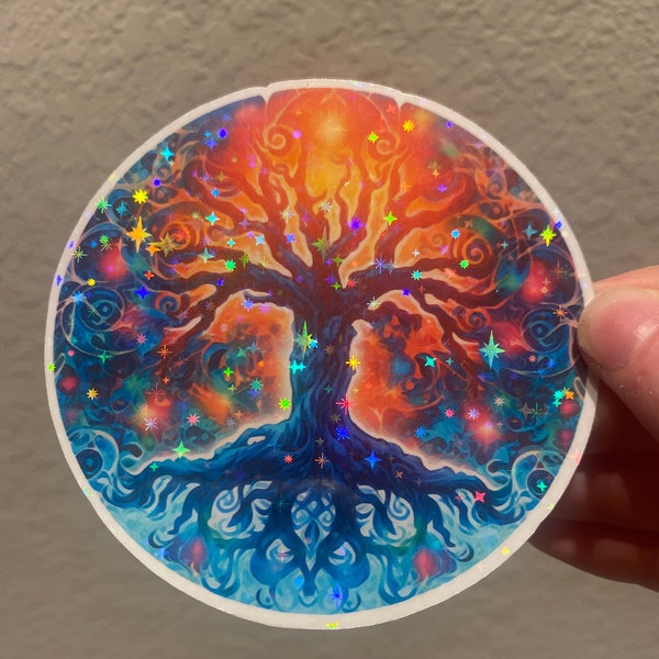 Psychedelic Tree of Life Holographic Vinyl Sticker - Sparkling Stars Effect, Mystical Decal for Spiritual Enthusiasts and Nature Lovers