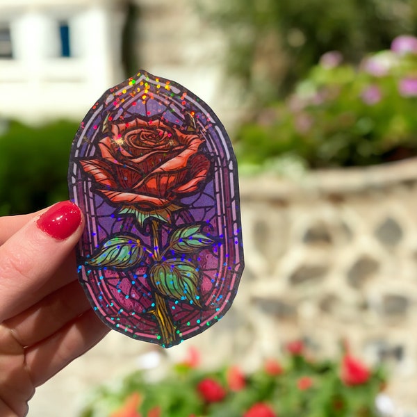 Red Stained Glass Rose Holographic Vinyl Sticker - Sparkly Effect Stained Glass Sticker, Holographic Elegant Decal for Art and Rose Lovers