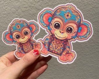 Kawaii Baby Monkey Holographic Vinyl Sticker - Lilac, Turquoise, Light Orange - Starry Effect - For Laptops, Phones, & Water Bottles