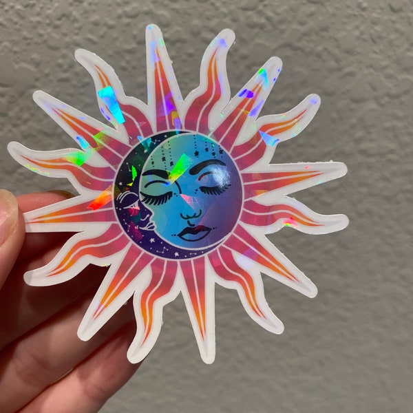 Sun and Moon Holographic Vinyl Sticker - Broken Glass Holographic Effect - Vibrant Astrological Decal - Laptop, Phone, Water Bottle Decal