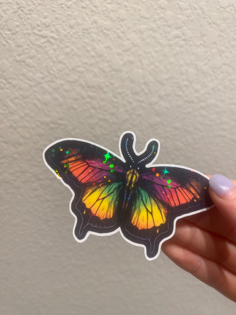 Insect Rainbow Sticker Rainbow Moth Holographic Vinyl Sticker - Black Accents, Starry Effect ...