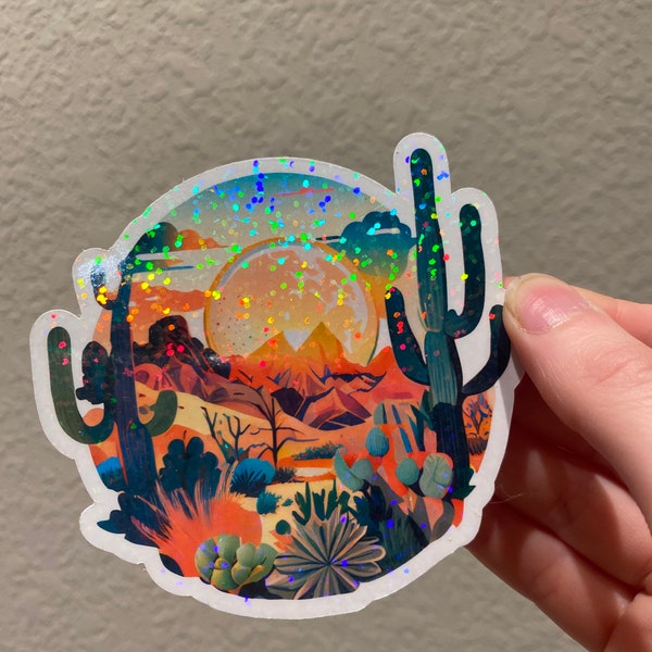 Holographic Cactus Sunset: Desert Landscape Vinyl Sticker with Sparkly Holographic Effect - Perfect for Laptops, Tumblers, & Water Bottles