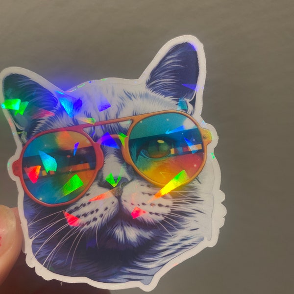 Holographic Trippy Cat Vinyl Sticker - Broken Glass Holographic Effect - Quirky - Laptop, Phone, Water Bottle Decal - Waterproof Sticker