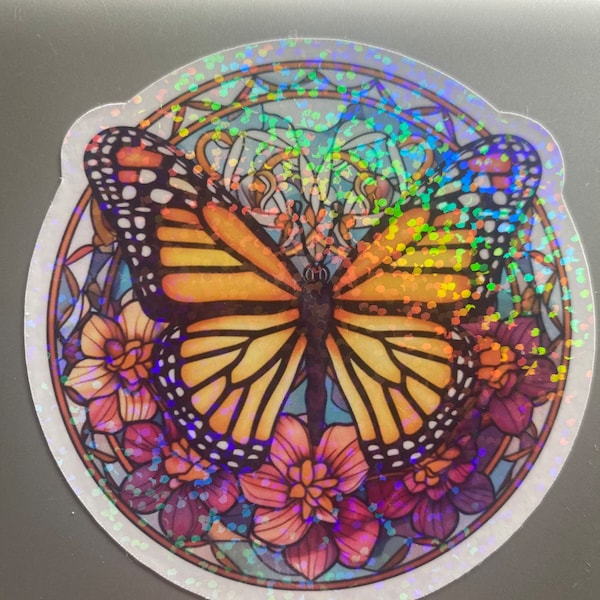 Holographic Stained Glass Monarch Butterfly Vinyl Sticker - Sparkling Holographic Sticker - Sticker for Laptops, Water Bottles, and More