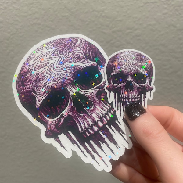 Psychedelic Melting Skull Vinyl Sticker - Starry Holographic Effect - Unique Goth Decor - Laptop, Phone, & Water Bottle Decal
