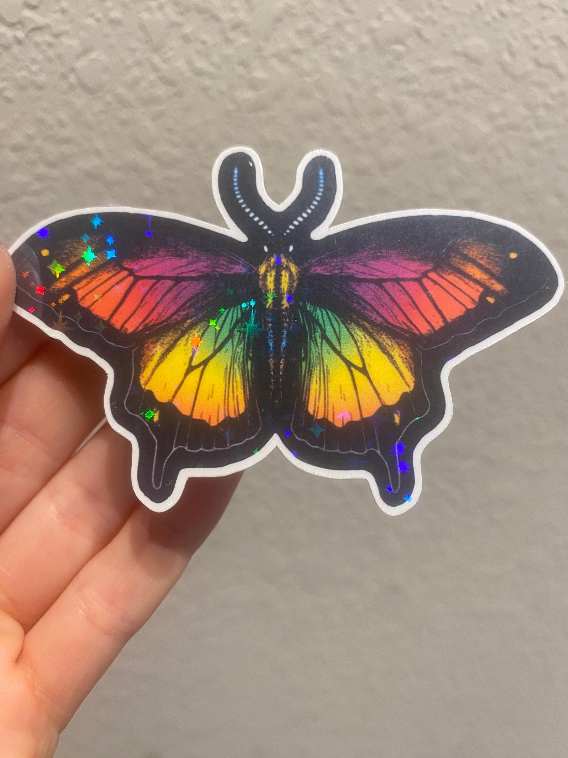 Insect Rainbow Sticker Rainbow Moth Holographic Vinyl Sticker - Black Accents, Starry Effect ...