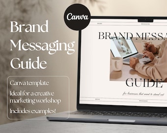 May include: A laptop displays a "Brand Messaging Guide" with the Canva logo. The screen shows a person using a laptop and a coffee cup. The text on the screen reads "Brand Messaging Guide" and "for businesses that want to stand out."