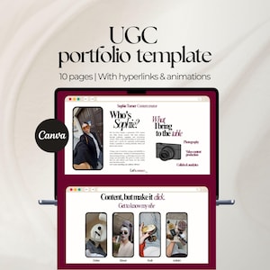 Puede incluir: Una plantilla de portafolio UGC digital que se muestra en la pantalla de una computadora portátil. La plantilla presenta un diseño limpio con secciones para contenido, hipervínculos y animaciones. El logotipo de Canva es visible, junto con el texto "UGC portfolio template".