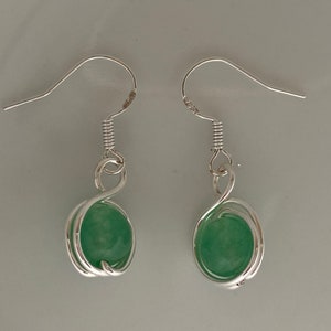 Green Malaysian Jade Gemstone silver-wire  wrapped earrings. Silver and green gemstone earrings.Mothers day gift .Green earrings.