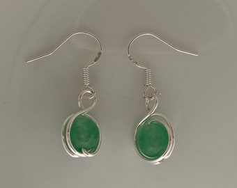 Green Malaysian Jade Gemstone silver-wire  wrapped earrings. Silver and green gemstone earrings.Mothers day gift .Green earrings.