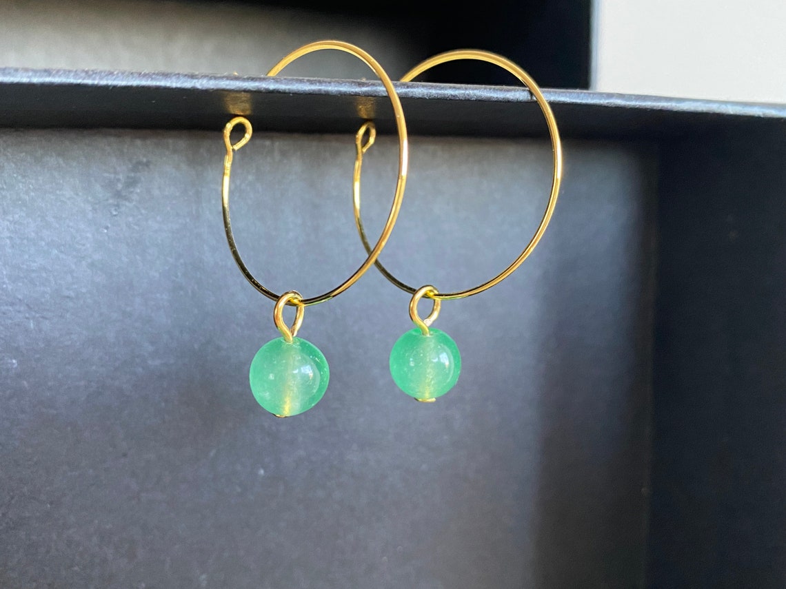 Green Malaysian Jade gemstone earrings. Gold hoop earrings. | Etsy
