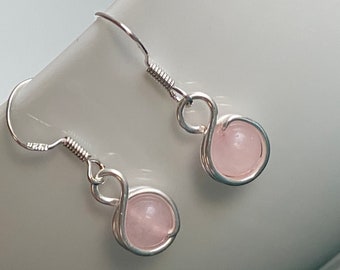 Rose Quartz Earrings, Sterling Silver Wrapped Gemstone, Pink Jewelry