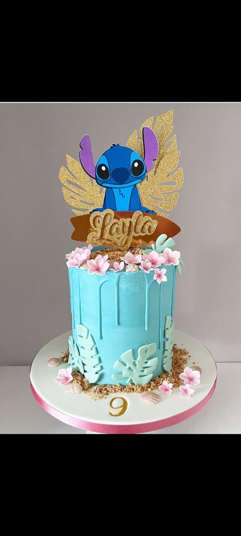 Topper de pastel de Stitch personalizado con hojas y tabla de surf imagen 3