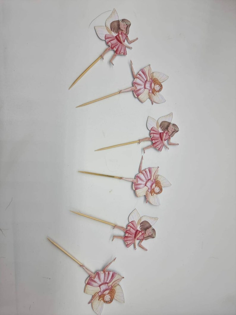 May include: Six pink and white fairy cupcake toppers with brown hair and wings. The fairies are on wooden skewers.