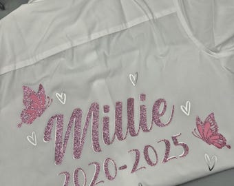 Personalised school leavers shirt. Sparkly butterflies.